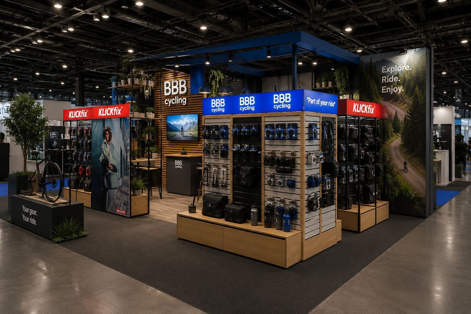 Stand salon sur mesure équipement cycliste – panneaux rainurés et caissons lumineux