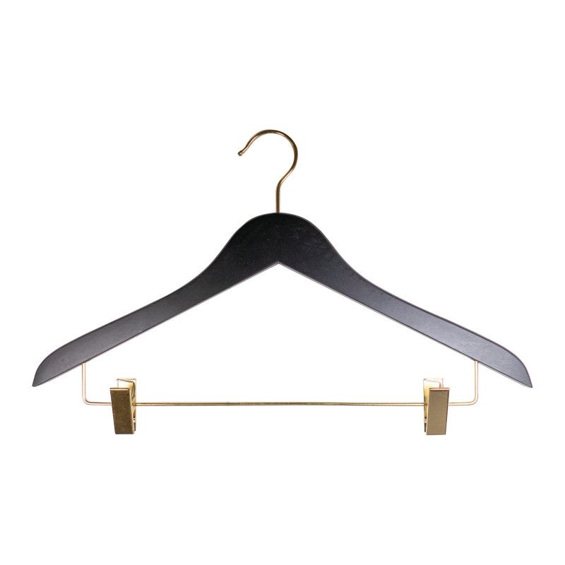 10 black Wooden hanger 44 cm with golden Clips : Cintres magasin