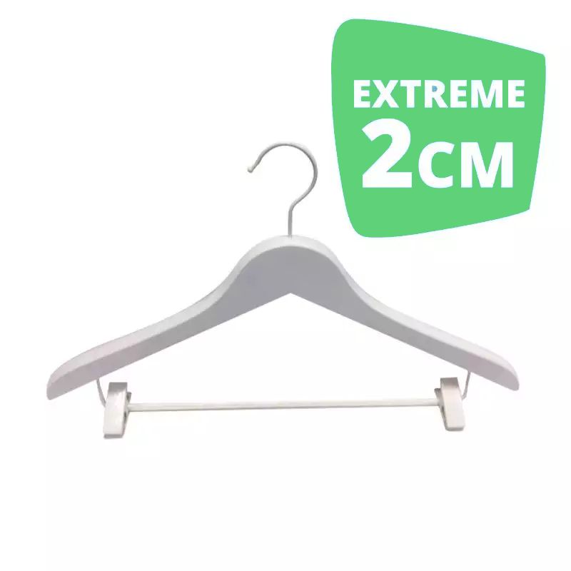 10 Cintres en bois blanc 44cm extreme 2 cm avec pinces : Cintres magasin