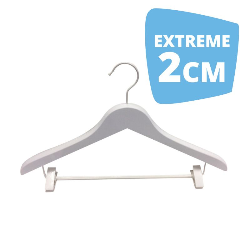 10 white wooden hangers 44cm extreme 2 cm with clips : Cintres magasin