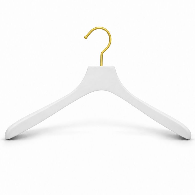 White wooden hangers with gold hook. 42cm - 4cm
White wooden ... 10 white wooden hangers with gold hook 42cm : Cintres magasin