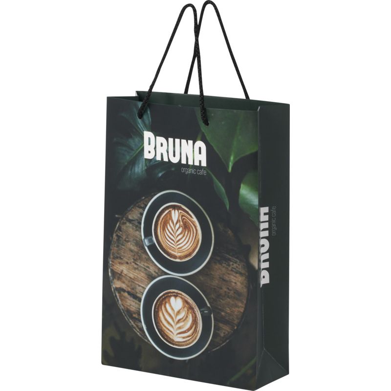 Personalised recycled paper bag from:
4.28€ for 250 bags ... 170g paper bag with plastic handles 24x9x36cm : Tote bags