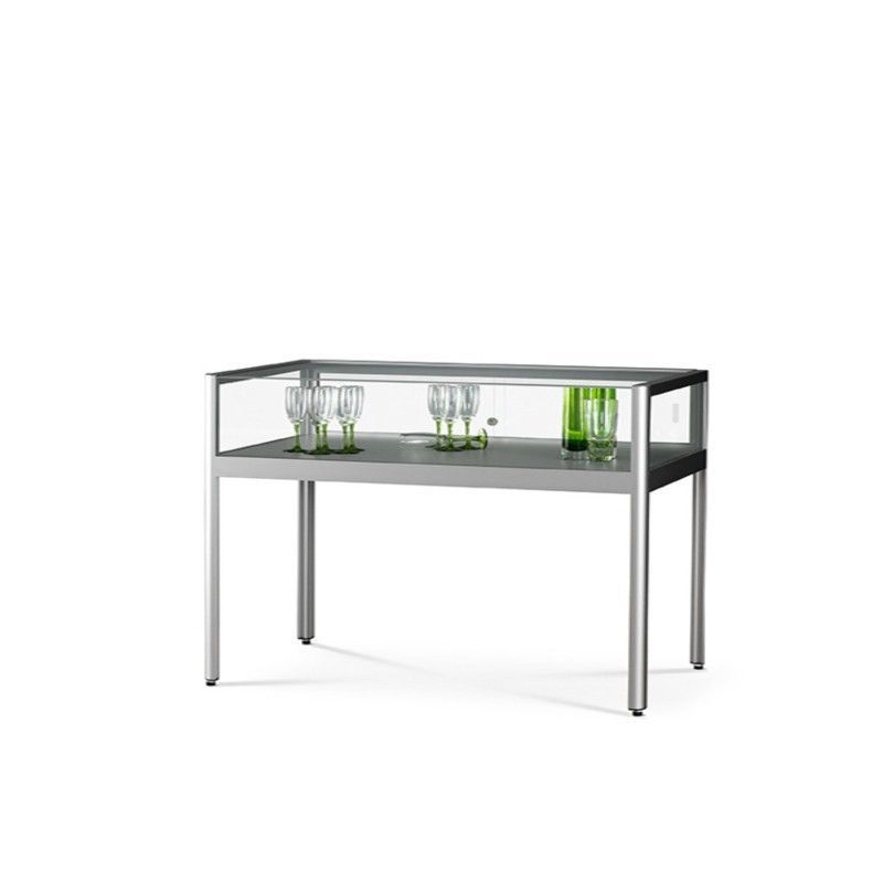 Tempered glass window counter with sliding windows.
The exhibition table ... 120 cm silver counter shop window : Vitrine
