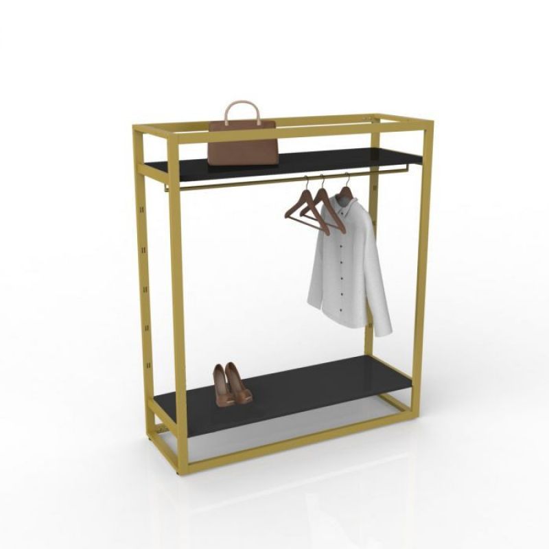 Apportez élégance et fonctionnalité à votre espace de vente avec ... Gondole dorée avec barre et étagères : Mobilier shopping