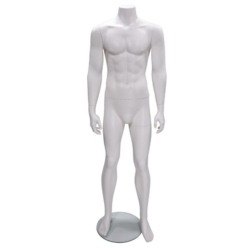 White male headless mannequin, double attachment on round glass base ... Headless male mannequin whit color staight position : Mannequins vitrine