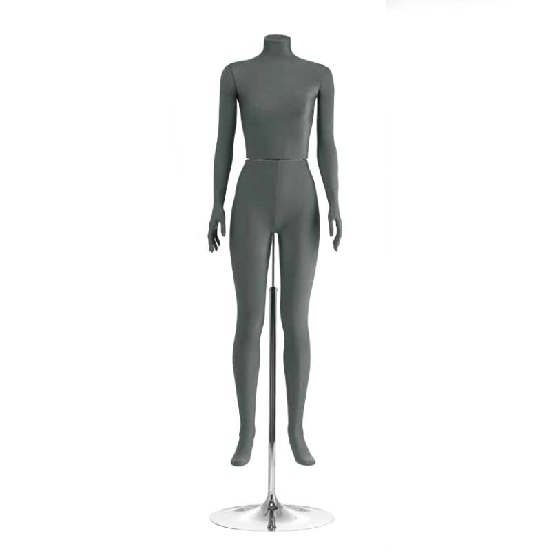 Manichino donna rivestito in tessuto grigio scuro in posizione verticale ... Manichino donna senza testa con tessuto grigio : Mannequins vitrine