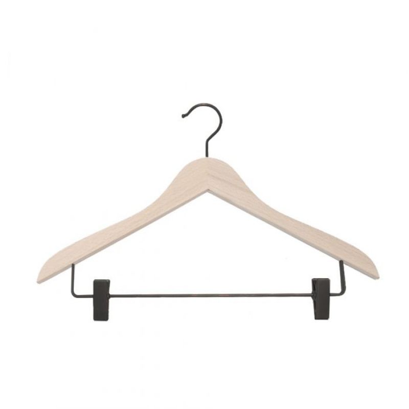 Pack de 10 Cintres en Bois de Hêtre avec ... Pack 10 cintres en bois avec clips en métal noir : Cintres magasin