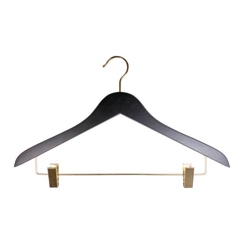 50 Cintres en bois noir 44 cm avec clips dorés : Cintres magasin