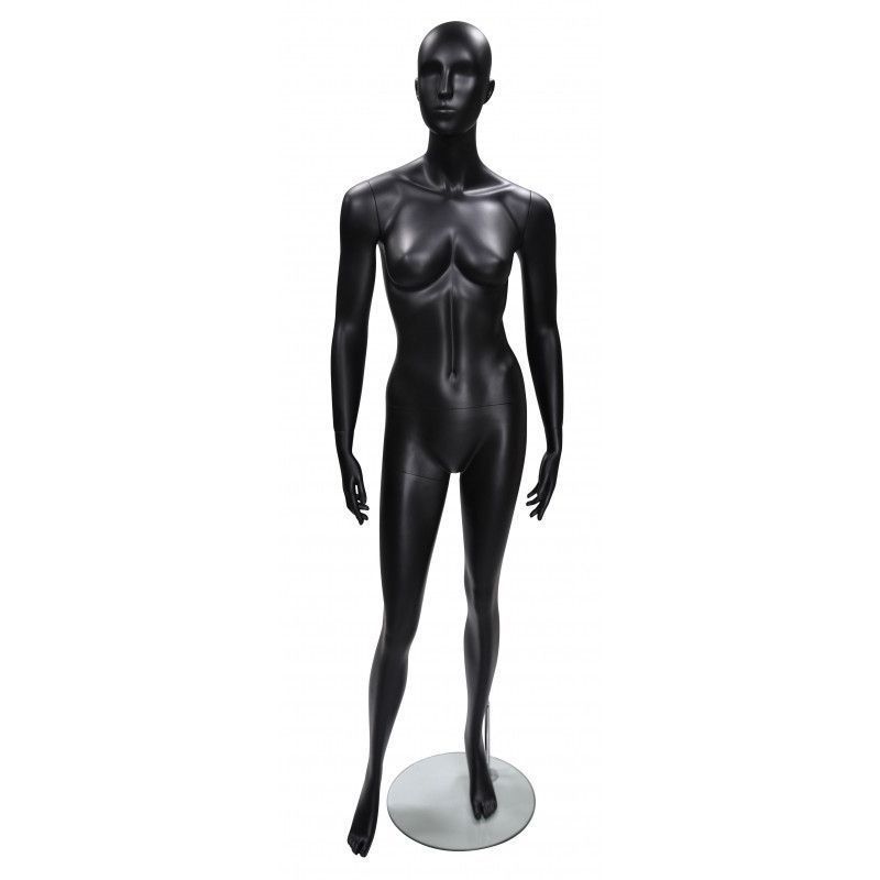 Abstract mannequin woman showcase on a base with round glass ... Abstract female mannequin straight position black paint : Mannequins vitrine
