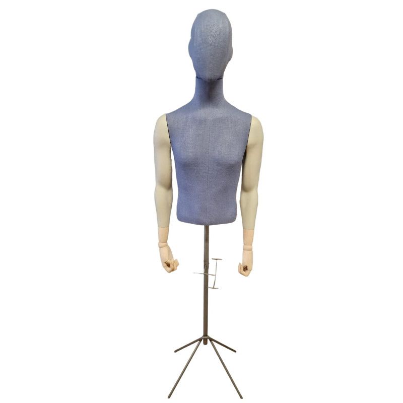 Buste homme avec tissu bleu et bras sur base tripod : Bust shopping