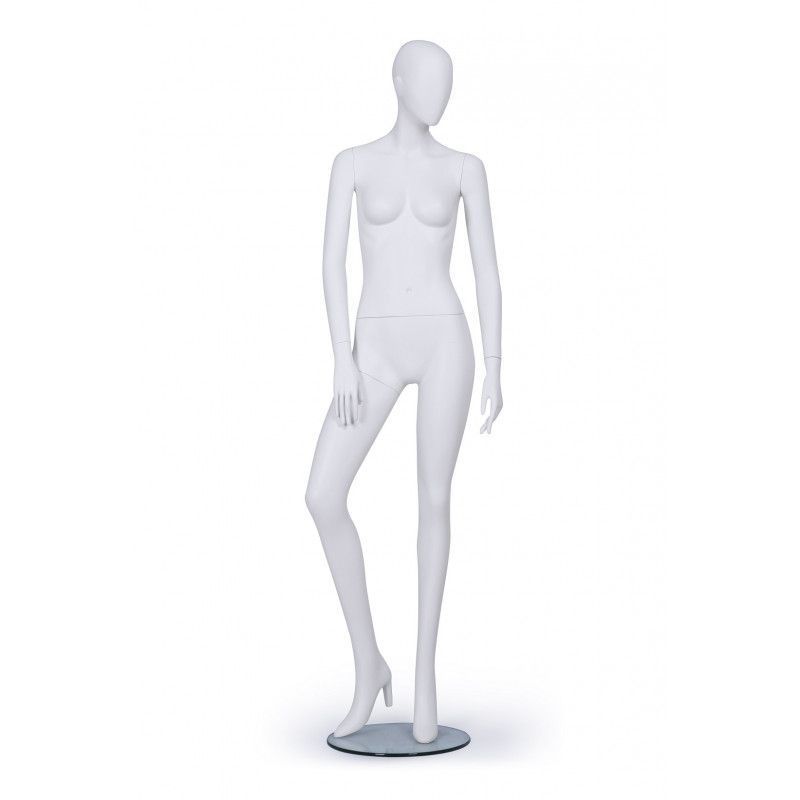 Glossy White Female Mannequins W/ Right Arm on Hip Left Leg Forward -  Detachable Parts - Chrome Base
