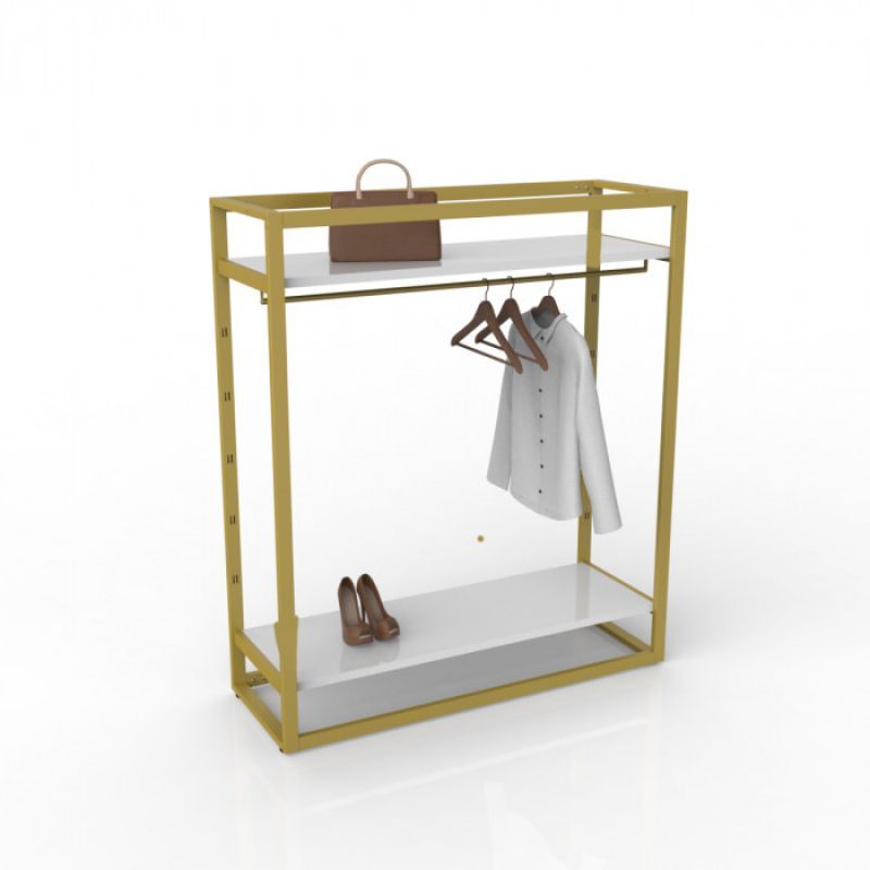 Gold metal wall unit with hanging rail and shelves : Mobilier shopping