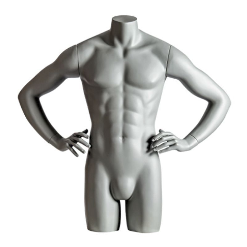 Grey male mannequin bust with hands on hips : Bust shopping