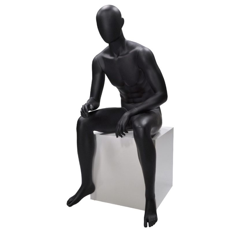 Mannequin homme assis avec tête abstraite noire : Mannequins vitrine
