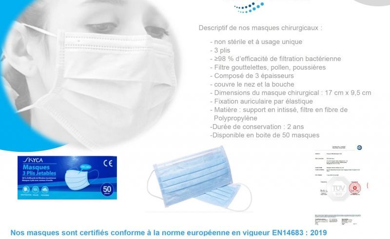 Masque jetable chirurgical 3 plis EN14683