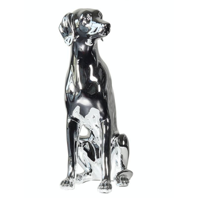 This chrome dog mannequin in a seated posture is ideal ... Sitting dog mannequin chrome : Mannequins vitrine