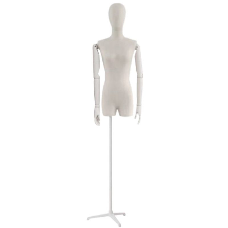 levez vos présentations en magasin avec ce mannequin vitrine ... Torso femme avec tissu clair bras bois et base metal : Bust shopping