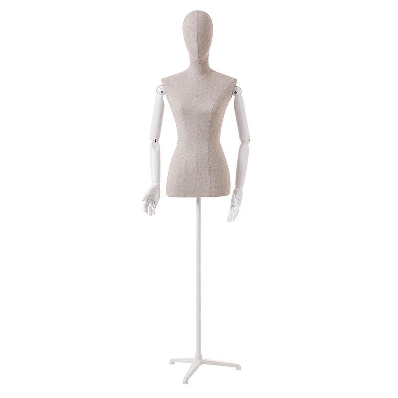Torso femme vintage en lin avec bras bois blanc et base