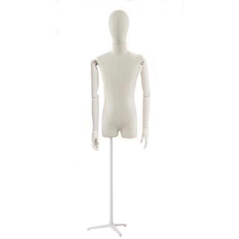 Torso homme avec tissu clair bras bois et base metal : Mannequins vitrine