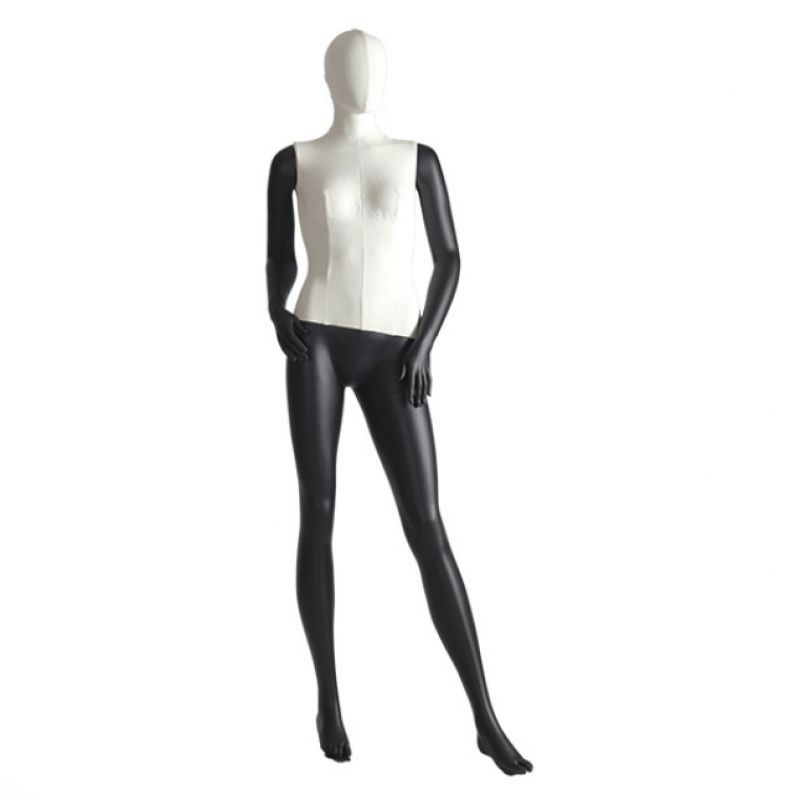 Vintage female mannequin in fabric nd black limbs posed : Mannequins vitrine