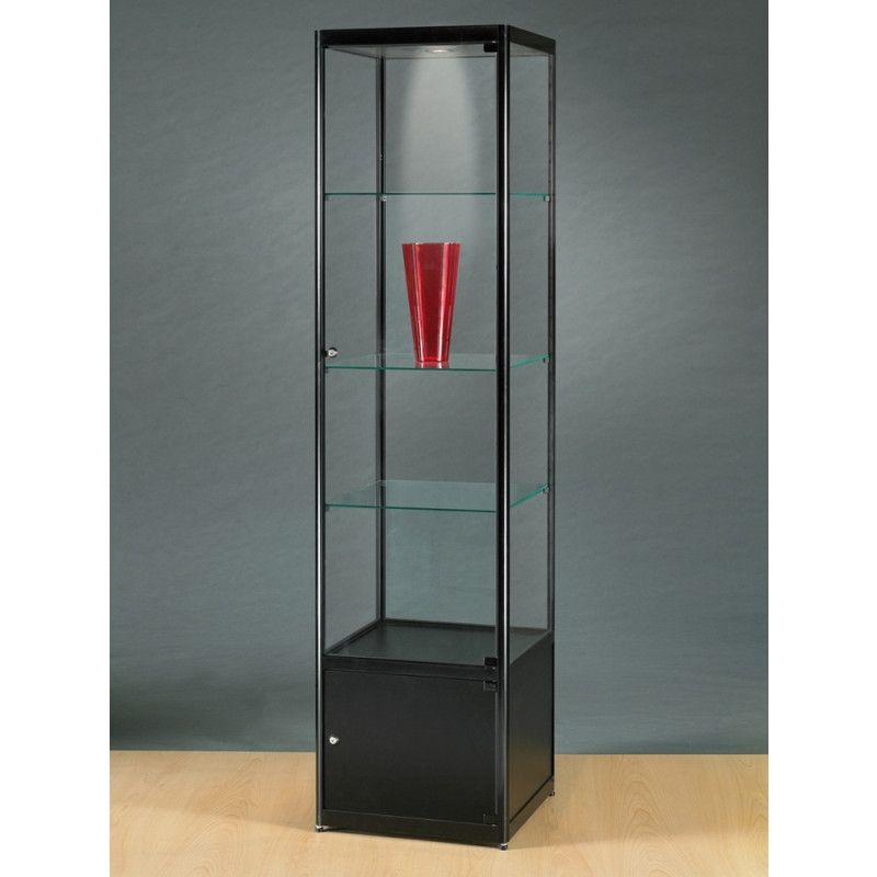 Vitrine colonne metal noir et verre avec halogene