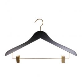 WHOLESALE HANGERS - HANGERS WITH CLIPS : 10 black wooden hanger 44 cm with golden clips