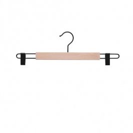 WHOLESALE HANGERS - WOODEN COAT HANGERS : 10 wooden hanger with black clamps 42 cm