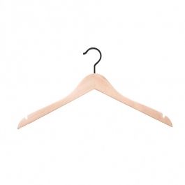 WHOLESALE HANGERS - WOODEN COAT HANGERS : 25 hangers raw wood without bar 44 cm - black hook