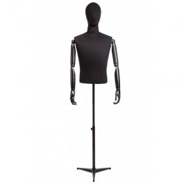 MALE MANNEQUIN BUST - VINTAGE BUST : Black fabric male half bust with black wooden arm
