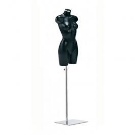 FEMALE MANNEQUIN BUST - PLASTIC BUSTS : Black female torso mannequin with chrome base