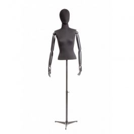 FEMALE MANNEQUIN BUST : Black half female bust with wooden arms and head