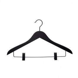 WHOLESALE HANGERS - WOODEN COAT HANGERS : 10 black hanger in wood with clips 44 cm