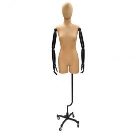 MANNEQUINS VITRINE FEMME - MANNEQUINS VINTAGE : Buste femme 3/4 vintage avec tissu cafe et bras bois