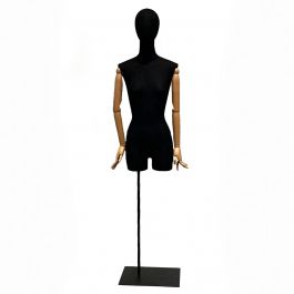 BUSTE MANNEQUIN FEMME - BUSTES VINTAGE : Buste femme tissu noir bras bois et base métal