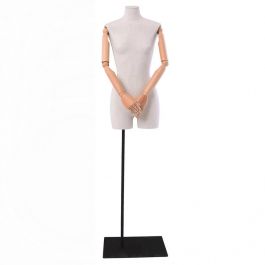 BUSTE MANNEQUIN FEMME - BUSTES COUTURE FEMME : Buste tissu femme en lin avec bras en bois base métal