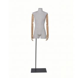 BUSTE MANNEQUIN HOMME - BUSTES COUTURE : Buste tissu homme avec bras en bois et base rectangle