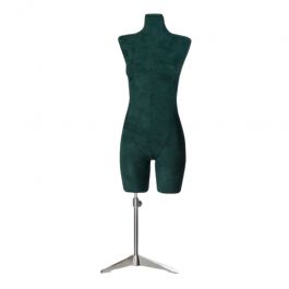 BUSTE MANNEQUIN FEMME - BUSTES COUTURE FEMME : Buste tissu vert sur base tripod métal