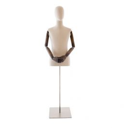 MALE MANNEQUIN BUST : Fabric bust of a man, head and arms, square metal base