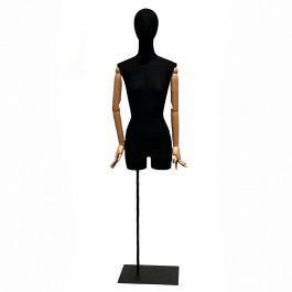 FEMALE MANNEQUIN BUST - VINTAGE BUST : Female bust in black fabric, wooden arms metal base