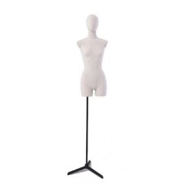 FEMALE MANNEQUIN BUST - VINTAGE BUST : Female bust with linen fabric and tripod black metal ba