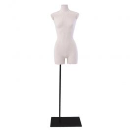 FEMALE MANNEQUIN BUST : Female bust with linen fabric black metal base