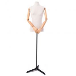 FEMALE MANNEQUIN BUST - TAILORED BUST : Female bust with linen fabric tripod base wooden arms