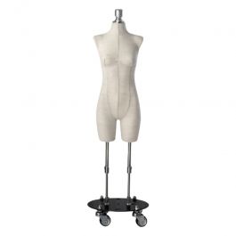 FEMALE MANNEQUIN BUST : Female fabric bust on two-bar base on castors