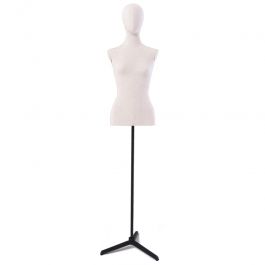 FEMALE MANNEQUIN BUST - VINTAGE BUST : Female fabric bust with head and tripod metal base