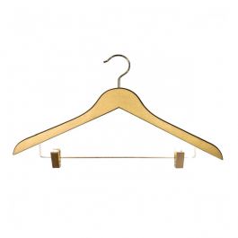 WHOLESALE HANGERS - WOODEN COAT HANGERS : Gold 44 cm hanger with gold hook and clips x 10
