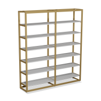 LADENAUSSTATTUNG - REGALE GONDELN : Goldene ladengondel mit 12 weißen böden h240 x 210 x 45