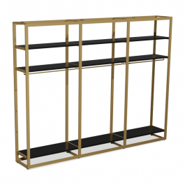 ARREDAMENTO NEGOZI - GONDOLAS ESTANTERIA GONDOLE SCAFFALATURE : Gondola in oro e nero con scaffali e aste h240x314x45