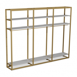 ARREDAMENTO NEGOZI - GONDOLAS ESTANTERIA GONDOLE SCAFFALATURE : Gondola dorata e bianca h 240 x 314 x 45 cm