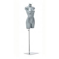 FEMALE MANNEQUIN BUST - PLASTIC BUSTS : Grey female torso mannequin with rectangular base