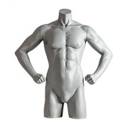 MALE MANNEQUIN BUST - SPORT TORSOS AND BUSTS : Grey male mannequin bust with fists on hips